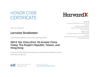 HONOR CODE
CERTIFICATE
This is to certify that
Lorraine Stratkotter
successfully completed and received a passing grade in
SW12.10x: China (Part 10) Greater China
Today: The People's Republic, Taiwan, and
Hong Kong
a course of study offered by HarvardX, an online learning initiative of Harvard
University through edX.
Peter K. Bol
Vice Provost for Advances in Learning, Harvard
University
Charles H. Carswell Professor
East Asian Languages and Civilizations
Harvard University
William C. Kirby
T. M. Chang Professor of China Studies, Harvard
University
Spangler Family Professor of Business Administration
Harvard Business School
HONOR CODE CERTIFICATE
Issued May 21, 2016
VALID CERTIFICATE ID
60ad13ba97aa404d8ca8ea2297ab3b05
 