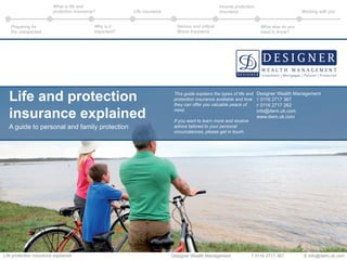 Preparing for
the unexpected
What is life and
protection insurance?
Serious and critical
illness insurance
Why is it
important?
What else do you
need to know?
Working with you
Income protection
insuranceLife insurance
Designer Wealth Management T 0116 2717 367 E info@dwm.uk.comLife protection insurance explained
This guide explains the types of life and
protection insurance available and how
they can offer you valuable peace of
mind.
If you want to learn more and receive
advice tailored to your personal
circumstances, please get in touch.
Life and protection
insurance explained
A guide to personal and family protection
Designer Wealth Management
T 0116 2717 367
F 0116 2717 262
info@dwm.uk.com
www.dwm.uk.com
 