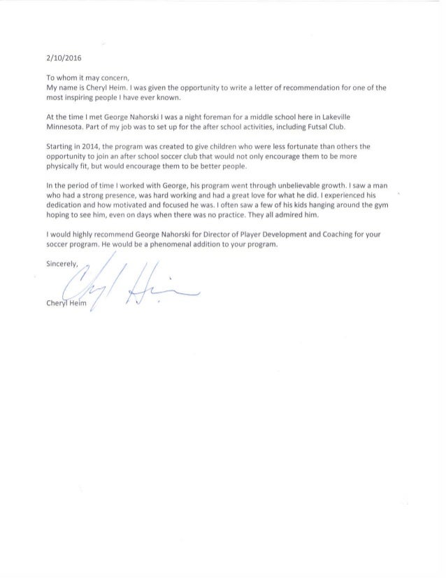 cheryl heim letter of recommendation soccer letter of recommendation for soccer coach