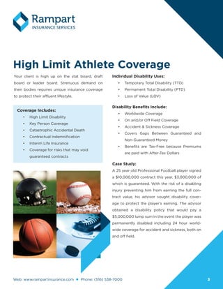 Web: www.rampartinsurance.com Phone: (516) 538-7000 33
High Limit Athlete Coverage
Your client is high up on the stat board, draft
board or leader board. Strenuous demand on
their bodies requires unique insurance coverage
to protect their affluent lifestyle.
Individual Disability Uses:
•	 Temporary Total Disability (TTD)
•	 Permament Total Disability (PTD)
•	 Loss of Value (LOV)
Disability Benefits Include:
•	 Worldwide Coverage
•	 On and/or Off Field Coverage
•	 Accident & Sickness Coverage
•	 Covers Gaps Between Guaranteed and
Non-Guaranteed Money
•	 Benefits are Tax-Free because Premiums
are paid with After-Tax Dollars
Case Study:
A 25 year old Professional Football player signed
a $10,000,000 contract this year, $3,000,000 of
which is guaranteed. With the risk of a disabling
injury preventing him from earning the full con-
tract value, his advisor sought disability cover-
age to protect the player’s earning. The advisor
obtained a disability policy that would pay a
$5,000,000 lump sum in the event the player was
permanently disabled including 24 hour world-
wide coverage for accident and sickness, both on
and off field.
Coverage Includes:
•	 High Limit Disability
•	 Key Person Coverage
•	 Catastrophic Accidental Death
•	 Contractual Indemnification
•	 Interim Life Insurance
•	 Coverage for risks that may void
guaranteed contracts
 