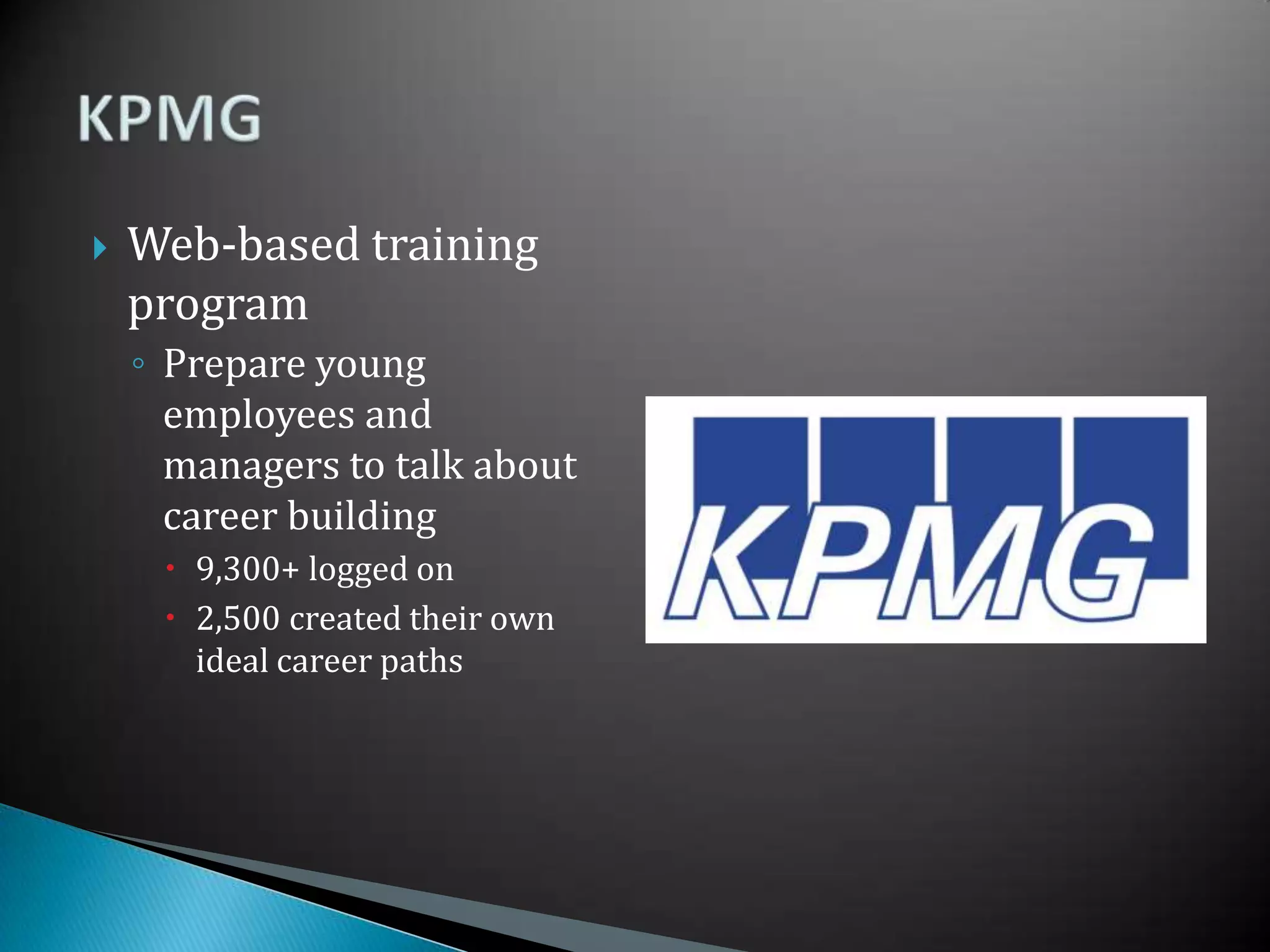 Web-based training programPrepare young employees and managers to talk about career building9,300+ logged on2,500 created their own ideal career pathsKPMG