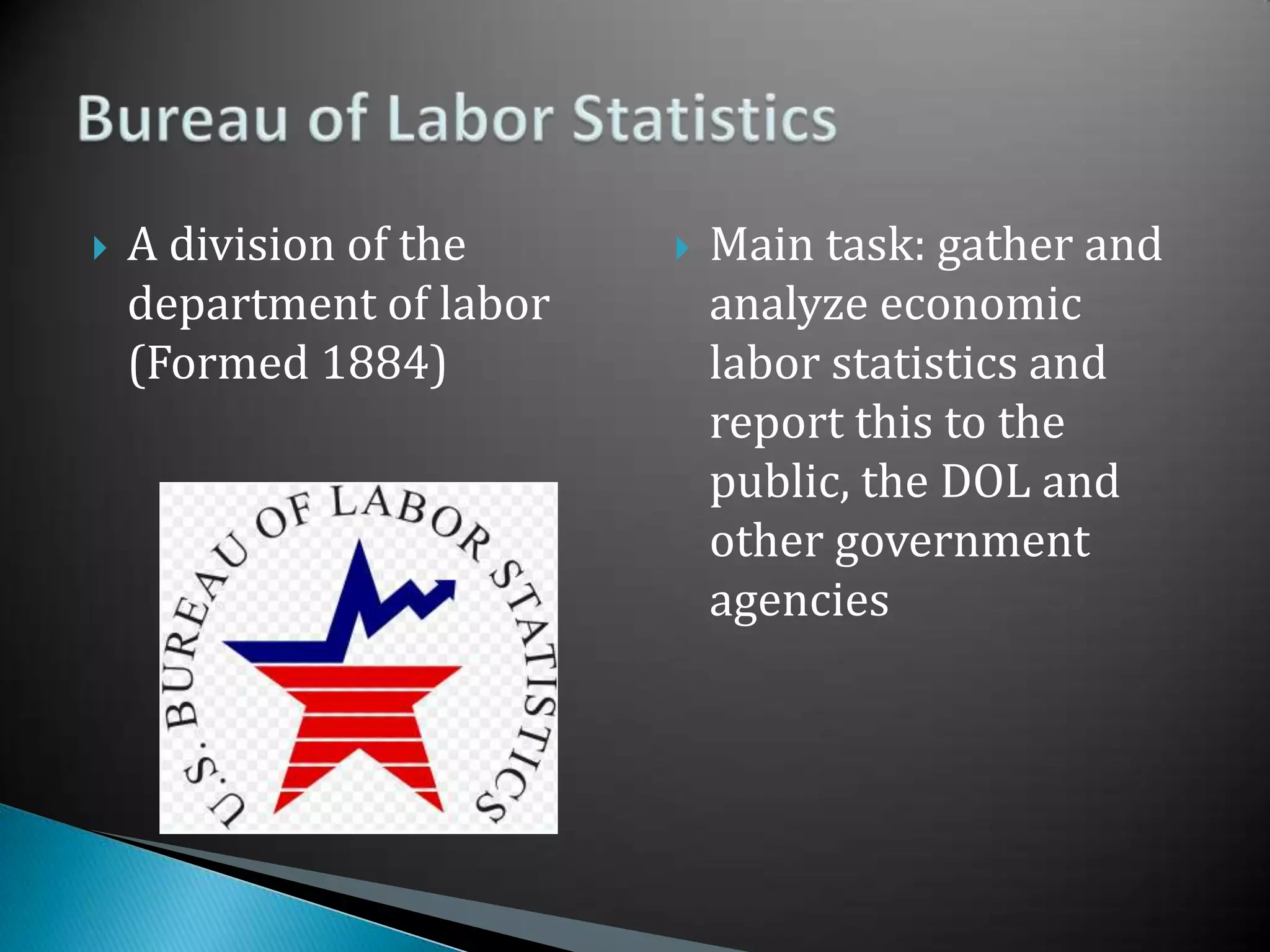 A division of the department of labor (Formed 1884)Main task: gather and analyze economic labor statistics and report this to the public, the DOL and other government agenciesBureau of Labor Statistics