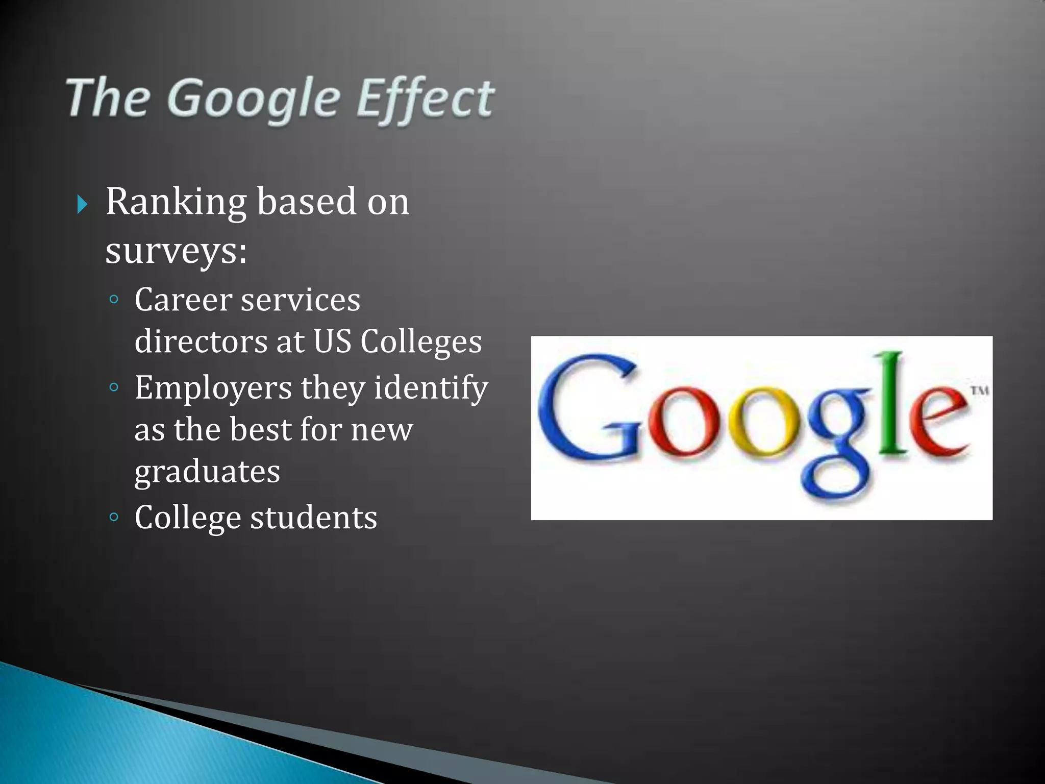 Ranking based on surveys:Career services directors at US CollegesEmployers they identify as the best for new graduatesCollege studentsThe Google Effect