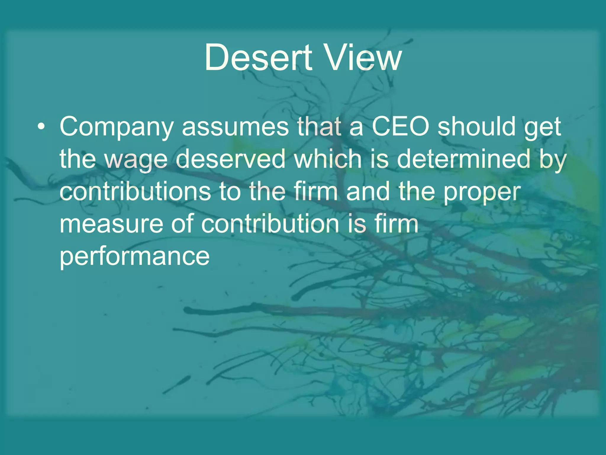 Desert ViewCompany assumes that a CEO should get the wage deserved which is determined by contributions to the firm and the proper measure of contribution is firm performance