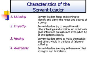 1. Listening Servant-leaders focus on listening to
identify and clarify the needs and desires of
a group.
2. Empathy Servant-leaders try to empathize with
others’ feelings and emotion. An individual’s
good intentions are assumed even when he
or she performs poorly.
3. Healing Servant-leaders strive to make themselves
and others whole in the face of failure or
suffering.
4. Awareness Servant-leaders are very self-aware or their
strengths and limitations.
Characteristics of the
Servant-Leader
 