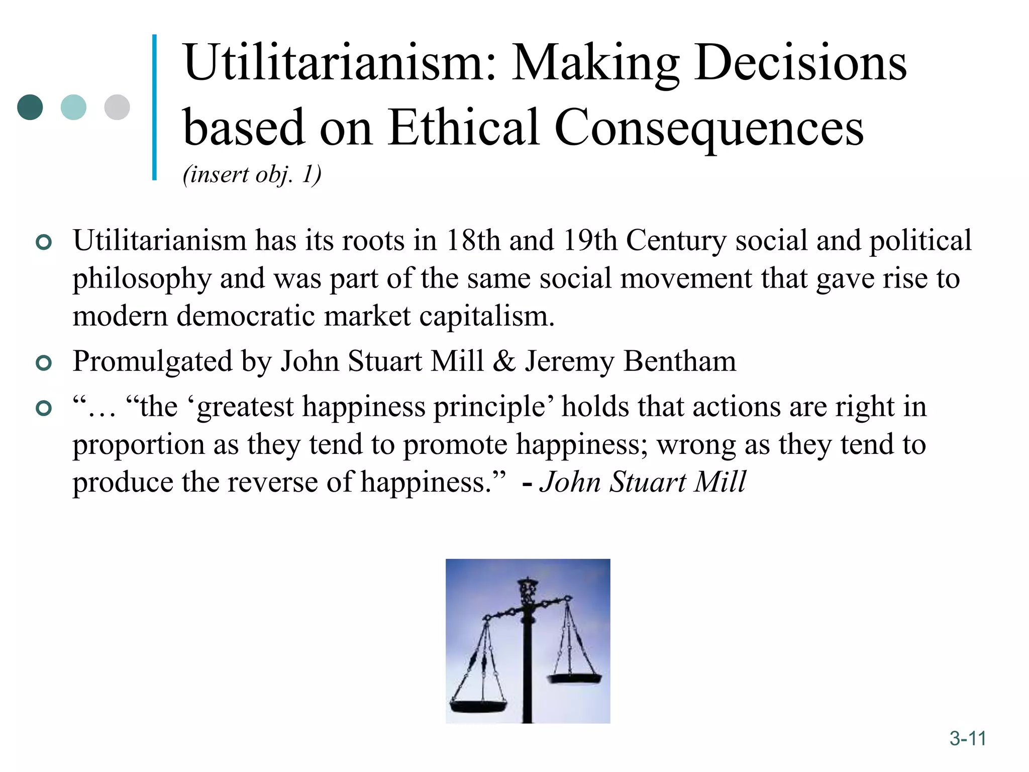 1-11
3-11
Utilitarianism: Making Decisions
based on Ethical Consequences
(insert obj. 1)
 Utilitarianism has its roots in 18th and 19th Century social and political
philosophy and was part of the same social movement that gave rise to
modern democratic market capitalism.
 Promulgated by John Stuart Mill & Jeremy Bentham
 “… “the ‘greatest happiness principle’ holds that actions are right in
proportion as they tend to promote happiness; wrong as they tend to
produce the reverse of happiness.” - John Stuart Mill
 