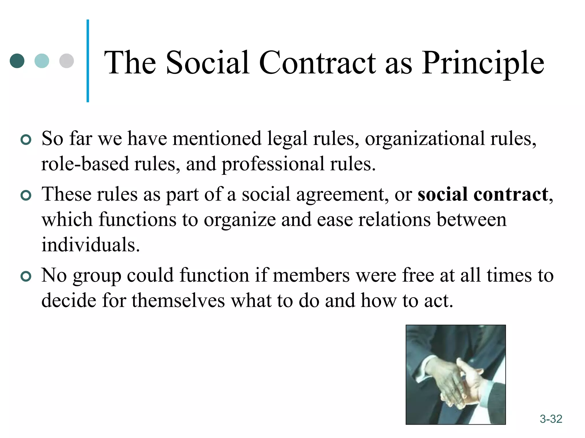 1-32
3-32
The Social Contract as Principle
 So far we have mentioned legal rules, organizational rules,
role-based rules, and professional rules.
 These rules as part of a social agreement, or social contract,
which functions to organize and ease relations between
individuals.
 No group could function if members were free at all times to
decide for themselves what to do and how to act.
 