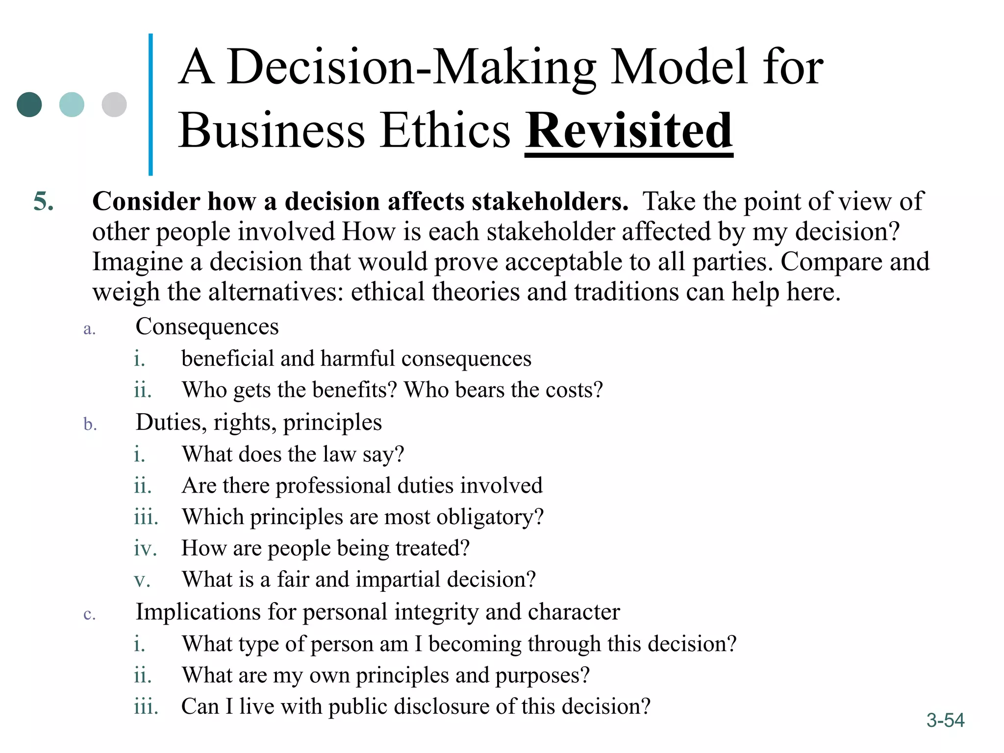 1-54
3-54
A Decision-Making Model for
Business Ethics Revisited
5. Consider how a decision affects stakeholders. Take the point of view of
other people involved How is each stakeholder affected by my decision?
Imagine a decision that would prove acceptable to all parties. Compare and
weigh the alternatives: ethical theories and traditions can help here.
a. Consequences
i. beneficial and harmful consequences
ii. Who gets the benefits? Who bears the costs?
b. Duties, rights, principles
i. What does the law say?
ii. Are there professional duties involved
iii. Which principles are most obligatory?
iv. How are people being treated?
v. What is a fair and impartial decision?
c. Implications for personal integrity and character
i. What type of person am I becoming through this decision?
ii. What are my own principles and purposes?
iii. Can I live with public disclosure of this decision?
 