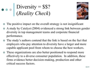 1-51
6-51
Diversity = $$?
(Reality Check)
 The positive impact on the overall strategy is not insignificant
 A study by Catalyst (2004) evidenced a strong link between gender
diversity in top management teams and corporate financial
performance.
 The study’s authors contend that the link is based on the fact that
employers who pay attention to diversity have a larger and more
capable applicant pool from whom to choose the best workers.
 These organizations are also better positioned to respond more
effectively to a diverse consumer population. In addition, these
firms evidence better decision-making, production and other
critical success factors.
 