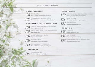 5 | Wedding Inspiration: Your Ultimate Guide to Planning Your Wedding Day
T A B L E O F contents
E N T E R T A I N M E N T
T R A N S P O R T
QUIRKY ENTERTAINMENT IDEAS
TRAVEL IN STYLE
BAND VS. DJ
Entertainment ideas not everyone would have thought of
Sometimes the journey is half the fun
How to create the right atmosphere for your day
102
116
98
H O N E Y M O O N
C A P T U R I N G T H A T S P E C I A L D A Y
A B O U T U S
CHOOSING YOUR DESTINATION
TIPS ON CHOOSING A PHOTOGRAPHER
CATERING
OUR VENUES
EVENT MANAGEMENT AND THEMING
WHAT TO PACK
OTHER WAYS PEOPLE CREATE MEMORIES
TOP TRENDING
LATEST WEDDING TRENDS
TOP HASHTAGS
KIM AND KANYE’S WEDDING
What do you want to do on your honeymoon?
How to capture your big day
Wedding catering is our forte
Our favourite places to create magic
More than just a premiere caterer
The essentials ingredients to a great honeymoon
A few different ideas
Honeymoon destinations in 2015
Current trends to think about
What hashtags to use for your wedding
How much did Kim and Kanye’s wedding cost?
119
104
133
134
137
121
107
124
108
109
114
 