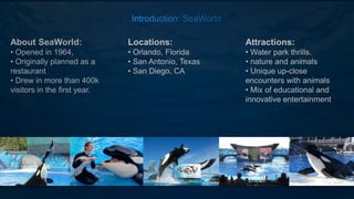 About SeaWorld:
• Opened in 1964,
• Originally planned as a
restaurant
• Drew in more than 400k
visitors in the first year.
Locations:
• Orlando, Florida
• San Antonio, Texas
• San Diego, CA
Attractions:
• Water park thrills.
• nature and animals
• Unique up-close
encounters with animals
• Mix of educational and
innovative entertainment
 