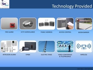 Technology Provided
FIRE ALARM CCTV SURVEILLANCE PUBLIC ADDRESS ACCESS CONTROL BOOM BARRIER
INTRUSION ALARM EPABX ELECTRIC FENSE VIDEO CONFERENCE
& TELEPRESENCE
WIRELESS
FAM INDIA CONFIDENTIAL
 