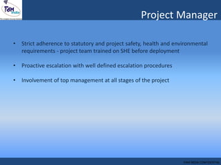 • Strict adherence to statutory and project safety, health and environmental
requirements - project team trained on SHE before deployment
• Proactive escalation with well defined escalation procedures
• Involvement of top management at all stages of the project
Project Manager
FAM INDIA CONFIDENTIAL
 