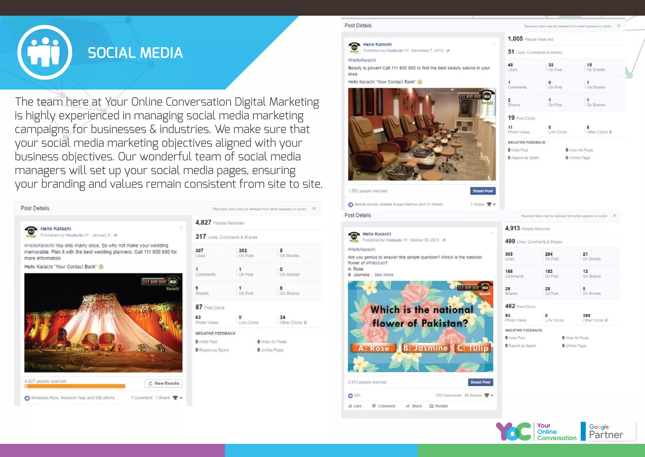 The team here at Your Online Conversation Digital Marketing
is highly experienced in managing social media marketing
campaigns for businesses & industries. We make sure that
your social media marketing objectives aligned with your
business objectives. Our wonderful team of social media
managers will set up your social media pages, ensuring
your branding and values remain consistent from site to site.
SOCIAL MEDIA
 