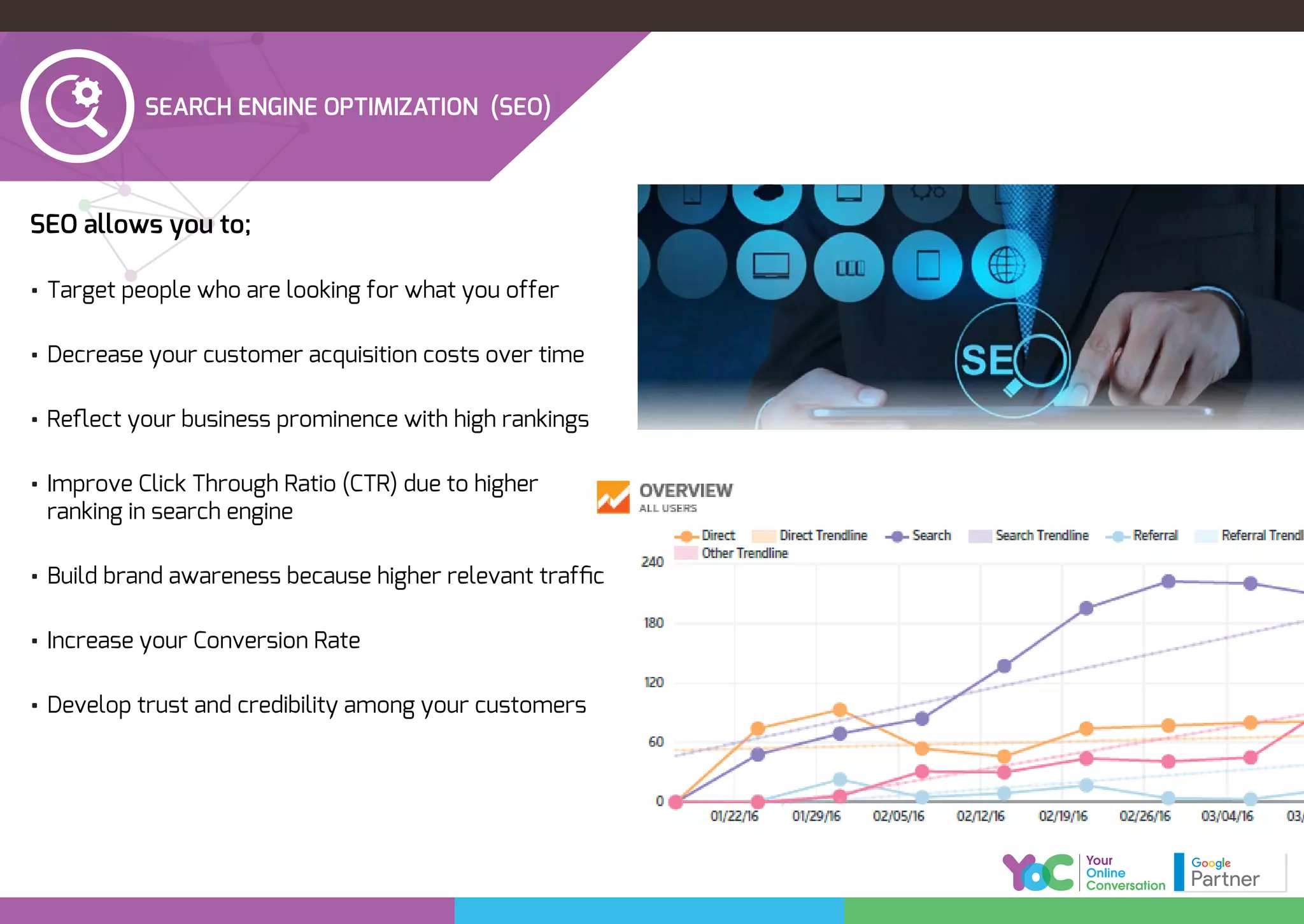SEO allows you to;
• Target people who are looking for what you offer
• Decrease your customer acquisition costs over time
• Reﬂect your business prominence with high rankings
• Improve Click Through Ratio (CTR) due to higher
ranking in search engine
• Build brand awareness because higher relevant trafﬁc
• Increase your Conversion Rate
• Develop trust and credibility among your customers
SEARCH ENGINE OPTIMIZATION (SEO)
 