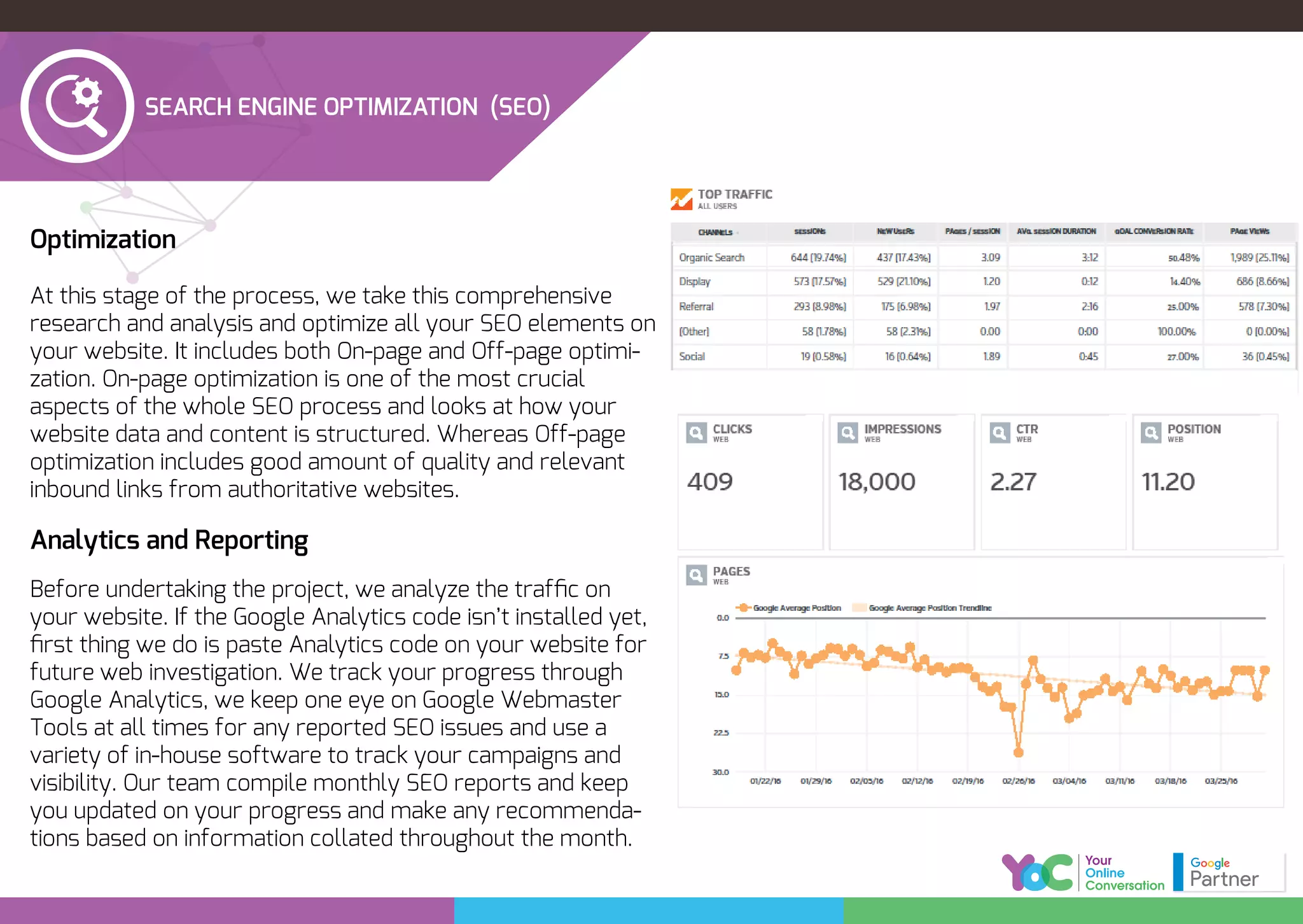 Optimization
At this stage of the process, we take this comprehensive
research and analysis and optimize all your SEO elements on
your website. It includes both On-page and Off-page optimi-
zation. On-page optimization is one of the most crucial
aspects of the whole SEO process and looks at how your
website data and content is structured. Whereas Off-page
optimization includes good amount of quality and relevant
inbound links from authoritative websites.
Analytics and Reporting
Before undertaking the project, we analyze the trafﬁc on
your website. If the Google Analytics code isn’t installed yet,
ﬁrst thing we do is paste Analytics code on your website for
future web investigation. We track your progress through
Google Analytics, we keep one eye on Google Webmaster
Tools at all times for any reported SEO issues and use a
variety of in-house software to track your campaigns and
visibility. Our team compile monthly SEO reports and keep
you updated on your progress and make any recommenda-
tions based on information collated throughout the month.
SEARCH ENGINE OPTIMIZATION (SEO)
 