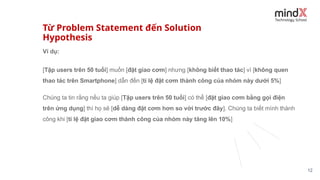 Từ Problem Statement đến Solution
Hypothesis
12
Ví dụ:
[Tập users trên 50 tuổi] muốn [đặt giao cơm] nhưng [không biết thao tác] vì [không quen
thao tác trên Smartphone] dẫn đến [tỉ lệ đặt cơm thành công của nhóm này dưới 5%]
Chúng ta tin rằng nếu ta giúp [Tập users trên 50 tuổi] có thể [đặt giao cơm bằng gọi điện
trên ứng dụng] thì họ sẽ [dễ dàng đặt cơm hơn so với trước đây]. Chúng ta biết mình thành
công khi [tỉ lệ đặt giao cơm thành công của nhóm này tăng lên 10%]
 