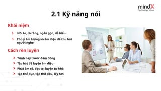 Nói to, rõ ràng, ngắn gọn, dễ hiểu
2.1 Kỹ năng nói
Chú ý âm lượng và âm điệu để thu hút
người nghe
Trình bày trước đám đông
Tập hát để luyện âm điệu
Phát âm rõ, đọc to, luyện từ khó
Tập thể dục, tập thở đều, lấy hơi
Khái niệm
Cách rèn luyện
 