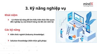 Là nhóm kỹ năng để tìm hiểu kiến thức liên quan
đến nghiệp vụ của khách hàng mà BA cần nắm kỹ
3. Kỹ năng nghiệp vụ
Kiến thức ngành (Industry Knowledge)
Solution Knowledge (Kiến thức giải pháp)
Khái niệm
Các kỹ năng
 