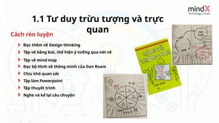 1.1 Tư duy trừu tượng và trực
quan
Tập vẽ bằng bút, thể hiện ý tưởng qua nét vẽ
Tập vẽ mind map
Đọc bộ Hình vẽ thông minh của Dan Roam
Chịu khó quan sát
Tập làm Powerpoint
Tập thuyết trình
Nghe và kể lại câu chuyện
Cách rèn luyện
Đọc thêm về Design thinking
 