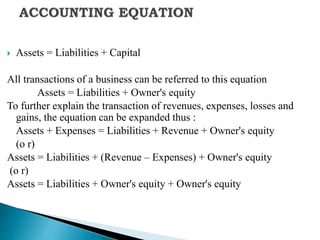  Assets = Liabilities + Capital
All transactions of a business can be referred to this equation
Assets = Liabilities + Owner's equity
To further explain the transaction of revenues, expenses, losses and
gains, the equation can be expanded thus :
Assets + Expenses = Liabilities + Revenue + Owner's equity
(o r)
Assets = Liabilities + (Revenue – Expenses) + Owner's equity
(o r)
Assets = Liabilities + Owner's equity + Owner's equity
 
