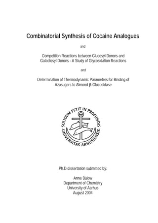 Combinatorial Synthesis of Cocaine Analogues
and
Competition Reactions between Glucosyl Donors and
Galactosyl Donors - A Study of Glycosidation Reactions
and
Determination of Thermodynamic Parameters for Binding of
Azasugars to Almond β-Glucosidase
Ph.D.dissertation submitted by:
Anne Bülow
Department of Chemistry
University of Aarhus
August 2004
 