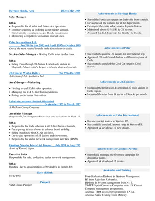 Heritage Honda, Agra 2003 to May 2005
Sales Manager
KRAs
 Responsible for all sales and the service operations.
 Inventory planning & ordering as per market demand.
 Brand identity compliance as per Honda requirement.
 Monitoring competition to maintain market share.
Polar International Ltd.
Jan 2001 to Jan 2003 and April 1997 to October 1999
One of the most reputed brands in the fan industry in India.
Sr. Area Sales Manager – Heading Delhi sales / collections.
KRAs
 Selling Fans through 70 dealers & wholesale dealers in
Bhagirath Palace, India’s largest wholesale electrical market.
JK Cement Works, Delhi - Nov 99 to Dec 2000
A division of J.K. Synthetics Ltd.
Area Manager –Marketing
 Heading overall Delhi sales operation.
 Managing the C & F, distributor operations.
 Rolling out schemes / incentives.
Usha International Limited, Ghaziabad
September 1993 to March 1997
A ShriRam Group Company
Area Sales Manager
Responsible for sewing machines sales and collections in West UP.
KRAs
 Responsible for trade schemes in all 3 distribution channels.
 Participating in trade shows to enhance brand visibility.
 Selling machines thru CSD at unit level.
 Day to day operations of 55 dealers and showrooms.
 Responsible for dealer network management activities (DNM).
Goodlass Nerolac Paints Ltd, Kanpur July 1991 to Aug 1993
A unit of Kansai, Japan.
Executive Sales
Responsible for sales, collection, dealer network management.
KRAs
Handling day to day operations of 50 dealers in Eastern UP.
Date of Birth
01/12/1967
Passport
Valid Indian Passport
Achievements at Heritage Honda
 Started the Honda passenger car dealership from scratch.
 Developed all the systems for all the departments.
 Developed the entire sales, service & parts division.
 Maintained above 85 % SSI & CSI scores.
 Awarded the 2nd dealership for Bareilly by Honda.
Achievements at Polar
 Successfully qualified 30 dealers for international trip.
 Appointed 20 multi brand dealers in different regions of
Delhi.
 Successfully launched the Cool Cat range in Delhi
market.
Achievements at JK Cements
 Increased the penetration & appointed 20 main dealers in
Delhi region.
 Increased the sales from 14 racks to 19 racks per month.
Achievements at Usha International
 Became market leaders in Western UP.
 Successfully launched Janome range in Western UP.
 Appointed & developed 10 new dealers.
Achievements at Goodlass Nerolac
 Started and managed the first rural campaign for
decorative paints.
 Appointed & developed 12 dealers.
Academics and Training
Post-Graduation Diploma in Business Management
BE from Rajasthan University.
Diploma in System Management from NIIT.
SWIFT Expert Course in Computer under JK Cement
Company management programme.
Attended TBM assessor programme in TATA.
Attended Sales Training from Mercury.
 