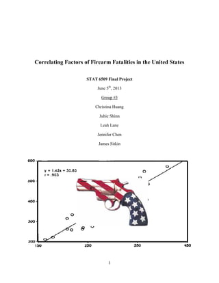 1
Correlating Factors of Firearm Fatalities in the United States
STAT 6509 Final Project
June 5th
, 2013
Group #3
Christina Huang
Juhie Shinn
Leah Lane
Jennifer Chen
James Sitkin
 