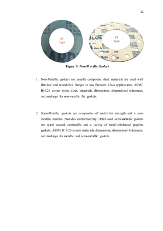 22
Figure 9: Non-Metallic Gasket
1. Non-Metallic gaskets are usually composite sheet materials are used with
flat-face and raised-face flanges in low Pressure Class applications. ASME
B16.21 covers types, sizes, materials, dimensions, dimensional tolerances,
and markings for non-metallic flat gaskets.
2. Semi-Metallic gaskets are composites of metal for strength and a non-
metallic material provides conformability. Often used semi-metallic gaskets
are spiral wound, camprofile and a variety of metal-reinforced graphite
gaskets. ASME B16.20 covers materials, dimensions, dimensional tolerances,
and markings for metallic and semi-metallic gaskets.
 