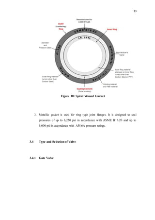 23
Figure 10: Spiral Wound Gasket
3. Metallic gasket is used for ring type joint flanges. It is designed to seal
pressures of up to 6,250 psi in accordance with ASME B16.20 and up to
5,000 psi in accordance with API 6A pressure ratings.
3.4 Type and Selection of Valve
3.4.1 Gate Valve
 