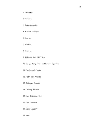 31
2. Dimension
3. Elevation
4. Dock penetration
5. Material description
6. Item no.
7. Weld no.
8. Spool no.
9. Reference line/ P&ID/ GA
10. Design/ Temperature and Pressure Operation
11. Painting and Coating
12. Hydro Test Pressure
13. Reference Drawing
14. Drawing Revision
15. Non Destructive Test
16. Heat Treatment
17. Stress Category
18. Note
 