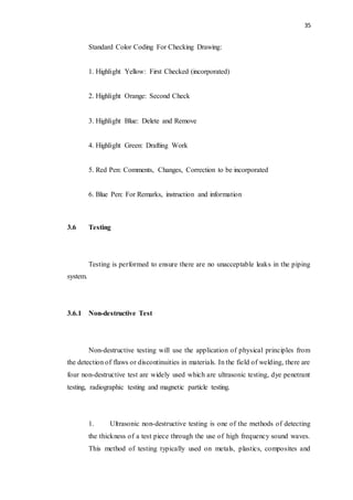 35
Standard Color Coding For Checking Drawing:
1. Highlight Yellow: First Checked (incorporated)
2. Highlight Orange: Second Check
3. Highlight Blue: Delete and Remove
4. Highlight Green: Drafting Work
5. Red Pen: Comments, Changes, Correction to be incorporated
6. Blue Pen: For Remarks, instruction and information
3.6 Testing
Testing is performed to ensure there are no unacceptable leaks in the piping
system.
3.6.1 Non-destructive Test
Non-destructive testing will use the application of physical principles from
the detection of flaws or discontinuities in materials. In the field of welding, there are
four non-destructive test are widely used which are ultrasonic testing, dye penetrant
testing, radiographic testing and magnetic particle testing.
1. Ultrasonic non-destructive testing is one of the methods of detecting
the thickness of a test piece through the use of high frequency sound waves.
This method of testing typically used on metals, plastics, composites and
 