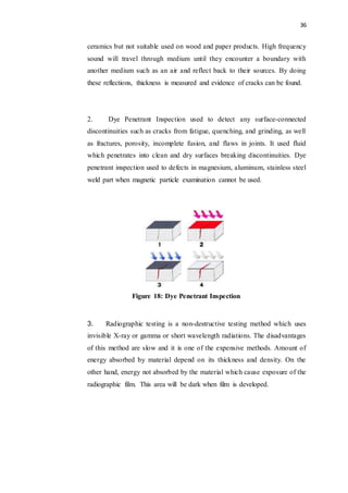 36
ceramics but not suitable used on wood and paper products. High frequency
sound will travel through medium until they encounter a boundary with
another medium such as an air and reflect back to their sources. By doing
these reflections, thickness is measured and evidence of cracks can be found.
2. Dye Penetrant Inspection used to detect any surface-connected
discontinuities such as cracks from fatigue, quenching, and grinding, as well
as fractures, porosity, incomplete fusion, and flaws in joints. It used fluid
which penetrates into clean and dry surfaces breaking discontinuities. Dye
penetrant inspection used to defects in magnesium, aluminum, stainless steel
weld part when magnetic particle examination cannot be used.
Figure 18: Dye Penetrant Inspection
3. Radiographic testing is a non-destructive testing method which uses
invisible X-ray or gamma or short wavelength radiations. The disadvantages
of this method are slow and it is one of the expensive methods. Amount of
energy absorbed by material depend on its thickness and density. On the
other hand, energy not absorbed by the material which cause exposure of the
radiographic film. This area will be dark when film is developed.
 