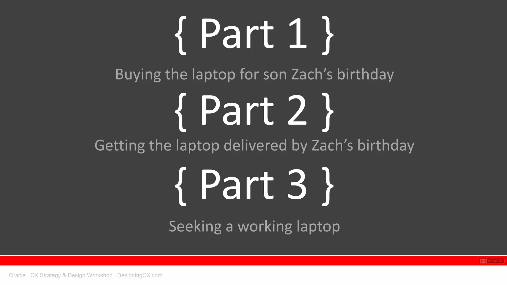 Oracle . CX Strategy & Design Workshop . DesigningCX.com
{ Part 3 }
Seeking a working laptop
{ Part 1 }
Buying the laptop for son Zach’s birthday
{ Part 2 }
Getting the laptop delivered by Zach’s birthday
 