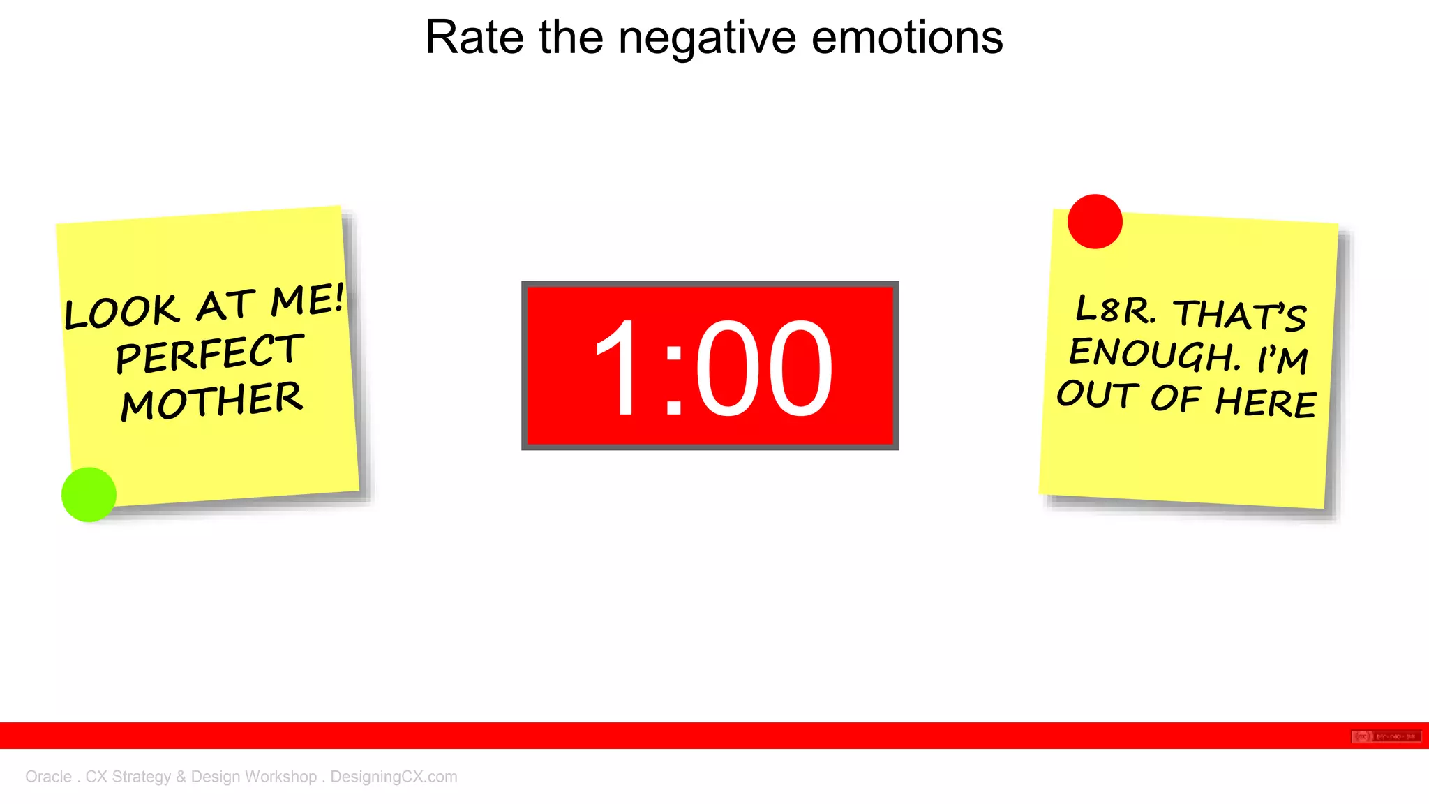 Oracle . CX Strategy & Design Workshop . DesigningCX.com
Rate the negative emotions
1:000:590:580:570:560:550:540:530:520:510:500:490:480:470:460:450:440:430:420:410:400:390:380:370:360:350:340:330:320:310:300:290:280:270:260:250:240:230:220:210:200:190:180:170:160:150:140:130:120:110:100:090:080:070:060:050:040:030:020:01End1:00
 