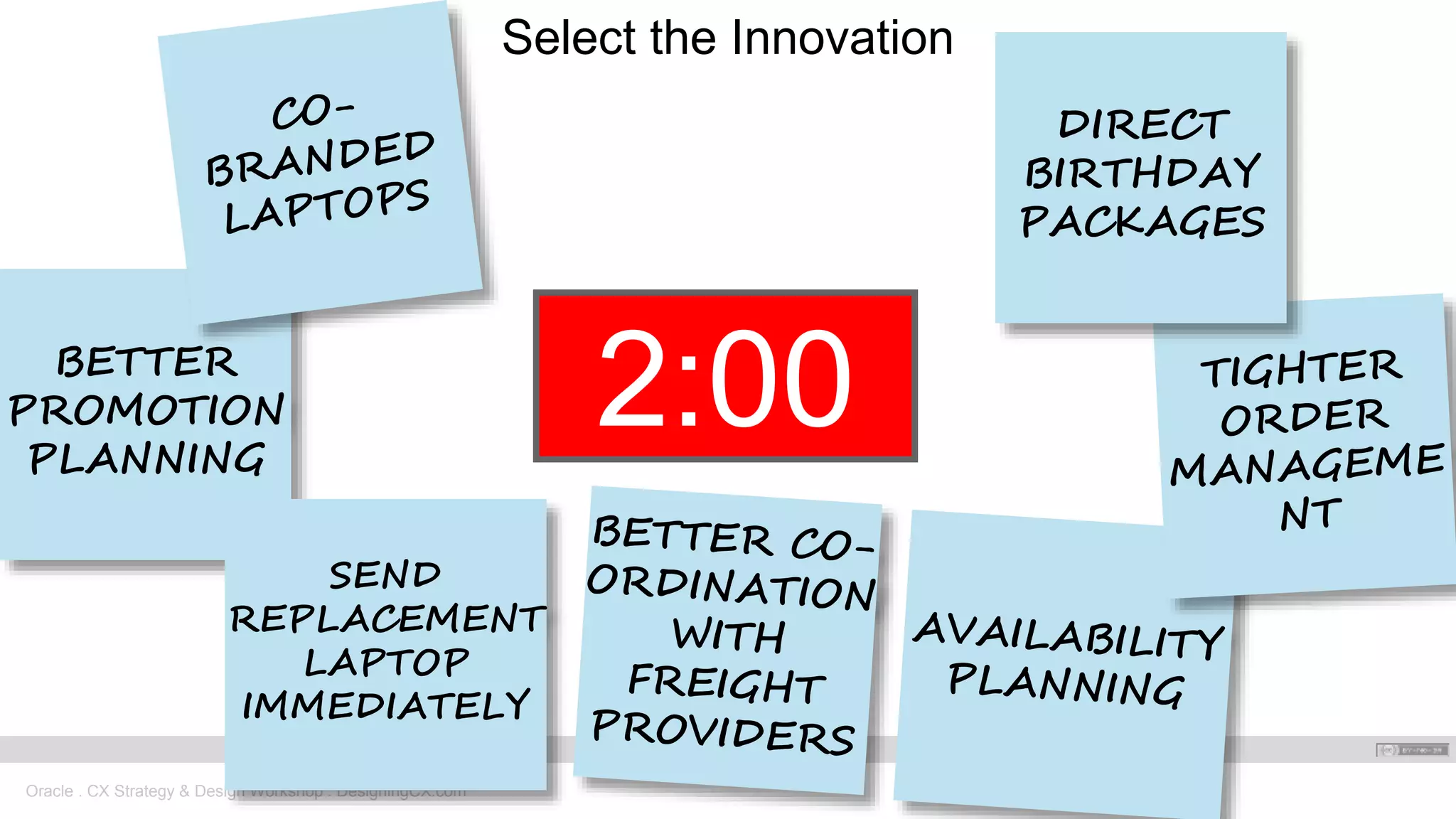Oracle . CX Strategy & Design Workshop . DesigningCX.com
2:001:591:581:571:561:551:541:531:521:511:501:491:481:471:461:451:441:431:421:411:401:391:381:371:361:351:341:331:321:311:301:291:281:271:261:251:241:231:221:211:201:191:181:171:161:151:141:131:121:111:101:091:081:071:061:051:041:031:021:011:000:590:580:570:560:550:540:530:520:510:500:490:480:470:460:450:440:430:420:410:400:390:380:370:360:350:340:330:320:310:300:290:280:270:260:250:240:230:220:210:200:190:180:170:160:150:140:130:120:110:100:090:080:070:060:050:040:030:020:01End2:00
Select the Innovation
BETTER
PROMOTION
PLANNING
SEND
REPLACEMENT
LAPTOP
IMMEDIATELY
DIRECT
BIRTHDAY
PACKAGES
 