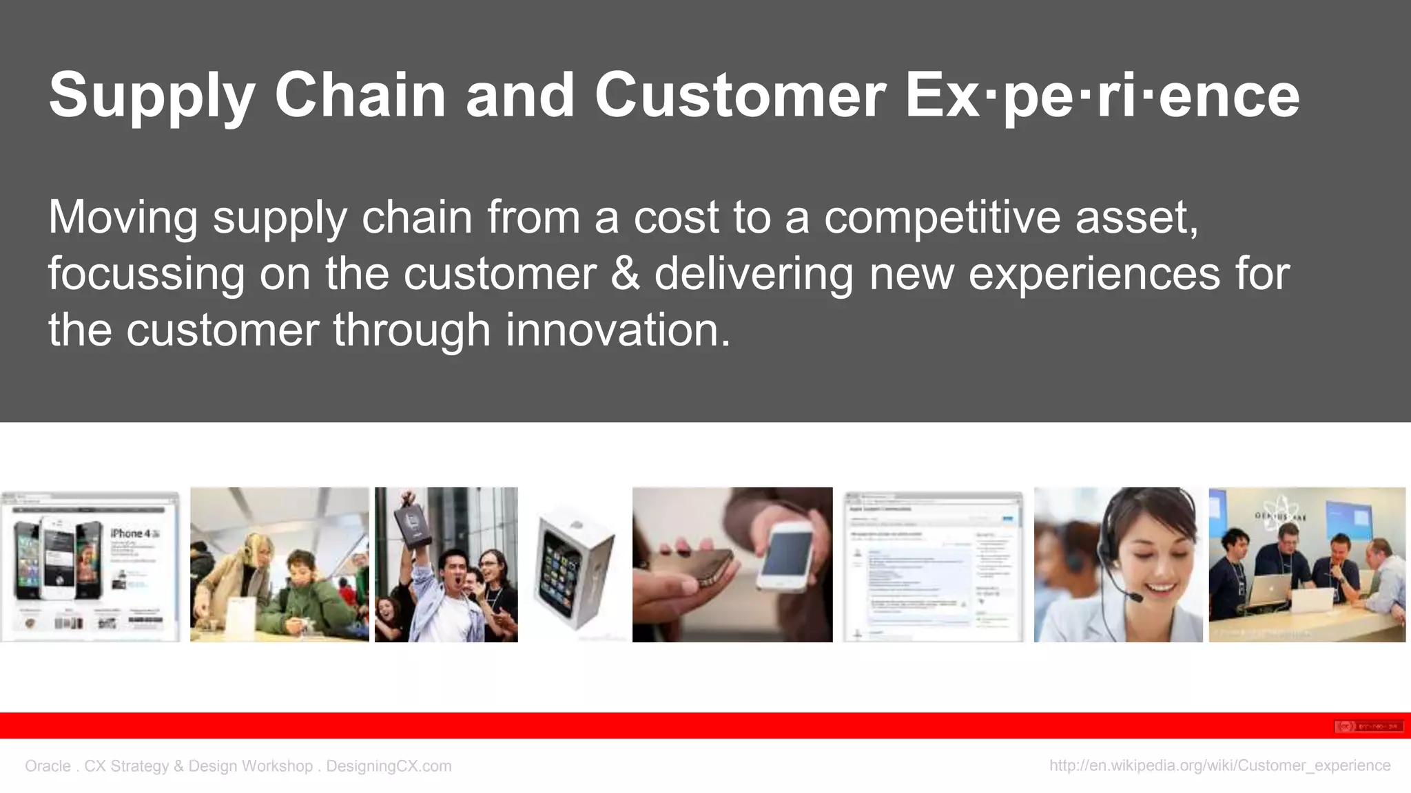 Oracle . CX Strategy & Design Workshop . DesigningCX.com
Supply Chain and Customer Ex·pe·ri·ence
Moving supply chain from a cost to a competitive asset,
focussing on the customer & delivering new experiences for
the customer through innovation.
http://en.wikipedia.org/wiki/Customer_experience
 