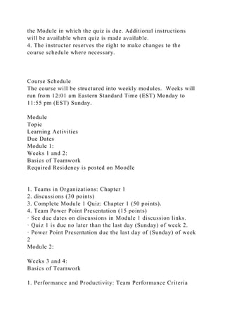 the Module in which the quiz is due. Additional instructions
will be available when quiz is made available.
4. The instructor reserves the right to make changes to the
course schedule where necessary.
Course Schedule
The course will be structured into weekly modules. Weeks will
run from 12:01 am Eastern Standard Time (EST) Monday to
11:55 pm (EST) Sunday.
Module
Topic
Learning Activities
Due Dates
Module 1:
Weeks 1 and 2:
Basics of Teamwork
Required Residency is posted on Moodle
1. Teams in Organizations: Chapter 1
2. discussions (30 points)
3. Complete Module 1 Quiz: Chapter 1 (50 points).
4. Team Power Point Presentation (15 points)
· See due dates on discussions in Module 1 discussion links.
· Quiz 1 is due no later than the last day (Sunday) of week 2.
· Power Point Presentation due the last day of (Sunday) of week
2
Module 2:
Weeks 3 and 4:
Basics of Teamwork
1. Performance and Productivity: Team Performance Criteria
 