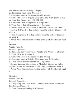 and Threats to Productivity: Chapter 2
2. Rewarding Teamwork: Chapter 3
3. Complete Module 2 discussions (30 points)
4. Complete Module 2 Quiz: Chapters 2 and 3 (50 points): Due
no later than Sunday at 11:50 PM EST
5. Complete Team Assignment 1 (60 points)
6. Team Power Point Presentation (15 points)
· See due dates on discussions in Module 2 discussion links.
· Module 2: Quiz 2 is due no later than the last day (Sunday) of
week 4.
· Team Assignment 1 is due no later than the last day (Sunday)
of week 4
· Power Point Presentation due the last day of (Sunday) of week
4
Module 3:
Weeks 5 and 6:
Internal Dynamics
1. Designing the Team: Tasks, People, and Processes Chapter 4
2. Team Identity: Chapter 5
3. Complete Module 3 discussions (30 points)
4. Complete Module 3 Quiz: Chapters 4 and 5 (50 points)
5. Team Power Point Presentation (15 points)
· See due dates on discussions in Module 3 discussion links.
· Quiz 3 is due no later than the last day (Sunday) of week 6.
· Power Point Presentation due the last day of (Sunday) of week
6
Module 4:
Weeks 7 and 8:
Internal Dynamics
1. Sharpening the Team Mind: Communication and Collective
Intelligence Chapter 6
2. Team Decision Making: Pitfalls and
 