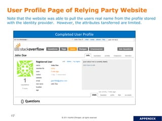 © 2011 Karthik Ethirajan, all rights reserved
17
User Profile Page of Relying Party Website
Note that the website was able to pull the users real name from the profile stored
with the identity provider. However, the attributes tansferred are limited.
Completed User Profile
APPENDIX
 