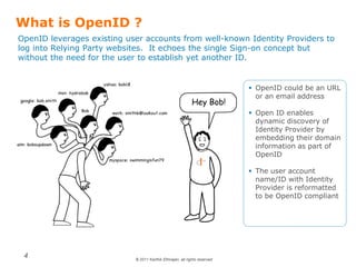 © 2011 Karthik Ethirajan, all rights reserved
4
What is OpenID ?
OpenID leverages existing user accounts from well-known Identity Providers to
log into Relying Party websites. It echoes the single Sign-on concept but
without the need for the user to establish yet another ID.
 OpenID could be an URL
or an email address
 Open ID enables
dynamic discovery of
Identity Provider by
embedding their domain
information as part of
OpenID
 The user account
name/ID with Identity
Provider is reformatted
to be OpenID compliant
 