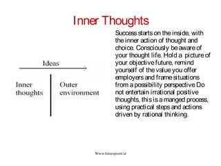 Www.futurepoint.ie
Inner Thoughts
Successstartson theinside, with
theinner action of thought and
choice. Consciously beawareof
your thought life. Hold a pictureof
your objectivefuture, remind
yourself of thevalueyou offer
employersand framesituations
from apossibility perspective. Do
not entertain irrational positive
thoughts, thisisamanged process,
using practical stepsand actions
driven by rational thinking.
 