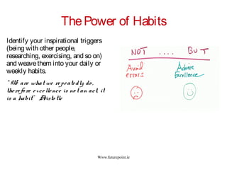 Www.futurepoint.ie
ThePower of Habits
Identify your inspirational triggers
(being with other people,
researching, exercising, and so on)
and weavethem into your daily or
weekly habits.
“ We are what we repeatedly do ,
therefo re excellence is no t an act, it
is a habit” Aristo tle
 