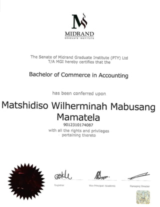 Matshidiso's degree certificate
