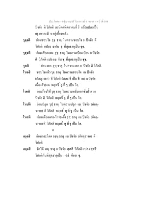 ประโยค๑ - อธิบายบาลีไวยากรณ์ อาขยาต - หน้าที่ 104 
ปัจจัย ติ วิภัตติ ลงนิคคหิตอาคมที่ ริ แล้วแปลงเป็น 
ญฺ เพราะมี จ อยู่เบื้องหลัง. 
รุจฺจติ ย่อมชอบใจ รุจฺ ธาตุ ในความชอบใจ ย ปัจจัย ติ 
วิภัตติ แปลง ย กับ จฺ ที่สุดธาตุเป็น จฺจ. 
รุชฺชติ ย่อมเสียดแทง รุชฺ ธาตุ ในความเบียดเบียน ย ปัจจัย 
ติ วิภัตติ แปลง ย กับ ชฺ ที่สุดธาตุเป็น ชฺช. 
รุหติ ย่อมงอก รุหฺ ธาตุ ในความงอก อ ปัจจัย ติ วิภัตติ. 
โรเจสิ ชอบใจแล้ว รุจฺ ธาตุ ในความชอบใจ เณ ปัจจัย 
(กัตตุวาจก) อี วิภัตติ รัสสะ อี เป็น อิ เพราะปัจจัย 
เนื่องด้วย ณ พฤทธิ์ อุ ที่ รุ เป็น โอ. 
โรทติ ย่อมร้องไห้ รุทฺ ธาตุ ในความหลั่งออกซึ่งน้ำตา อ 
ปัจจัย ติ วิภัตติ พฤทธิ์ อุ ที่ รุ เป็น โอ. 
โรเปติ ย่อมปลูก รุปฺ ธาตุ ในความปลูก เณ ปัจจัย (กัตตุ- 
วาจก) ติ วิภัตติ พฤทธิ์ อุ ที่ รุ เป็น โอ. 
โรเสติ ย่อมเดือดดาล-โกรธ-ขึ้ง รุสฺ ธาตุ เณ ปัจจัย (กัตตุ- 
วาจก) ติ วิภัตติ พฤทธิ์ อุ ที่ รุ เป็น โอ. 
ล 
ลงฺฉสิ ย่อมกระโดด ลงฺฆฺ ธาตุ เณ ปัจจัย (กัตตุวาจก) ติ 
วิภัตติ. 
ลจฺฉสิ จักได้ ลภฺ ธาตุ อ ปัจจัย สฺสสิ วิภัตติ แปลง สฺสสิ 
วิภัตติกับที่สุดธาตุเป็น ฉสิ ซ้อน จฺ. 
 