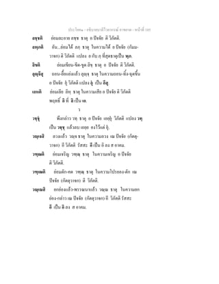 ประโยค๑ - อธิบายบาลีไวยากรณ์ อาขยาต - หน้าที่ 105 
ลชฺชติ ย่อมละอาย ลชฺช ธาตุ อ ปัจจัย ติ วิภัตติ. 
ลพฺภติ อัน...ย่อมได้ ลภฺ ธาตุ ในความได้ ย ปัจจัย (กัมม- 
วาจก) ติ วิภัตติ แปลง ย กับ ภฺ ที่สุดธาตุเป็น พฺภ. 
ลิขติ ย่อมเขียน-ขีด-ขูด ลิขฺ ธาตุ อ ปัจจัย ติ วิภัตติ. 
ลุญฺจึสุ ถอน-ยื้อแย่งแล้ว ลุญฺจฺ ธาตุ ในความถอน-ทิ้ง-ฉุดขึ้น 
อ ปัจจัย อุํ วิภัตติ แปลง อุํ เป็น อึสุ. 
เลหติ ย่อมเลีย ลิหฺ ธาตุ ในความเสีย อ ปัจจัย ติ วิภัตติ 
พฤทธิ์ อิ ที่ ลิ เป็น เอ. 
ว 
วชฺชุํ พึงกล่าว วทฺ ธาตุ อ ปัจจัย เอยฺยุํ วิภัตติ แปลง วทฺ 
เป็น วชฺชฺ แล้วลบ เอยฺย คงไว้แต่ อุํ. 
วญฺเจสิ ลวงแล้ว วญฺจ ธาตุ ในความลวง เณ ปัจจัย (กัตตุ- 
วาจก) อี วิภัตติ รัสสะ อี เป็น อิ ลง ส อาคม. 
วฑฺฒติ ย่อมเจริญ วฑฺฒฺ ธาตุ ในความเจริญ อ ปัจจัย 
ติ วิภัตติ. 
วฑฺเฒติ ย่อมตัก-คด วฑฺฒฺ ธาตุ ในความโปรยลง-ตัก เณ 
ปัจจัย (กัตตุวาจก) ติ วิภัตติ. 
วณฺเณสิ ยกย่องแล้ว-พรรณนาแล้ว วณฺณ ธาตุ ในความยก 
ย่อง-กล่าว เณ ปัจจัย (กัตตุวาจก) อี วิภัตติ รัสสะ 
อี เป็น อิ ลง ส อาคม. 
 