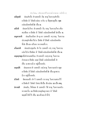 ประโยค๑ - อธิบายบาลีไวยากรณ์ อาขยาต - หน้าที่ 112 
สมิชฺฌติ ย่อมสำเร็จ สํ บทหน้า อิธฺ ธาตุ ในความสำเร็จ 
ย ปัจจัย ติ วิภัตติ แปลง ย กับ ธฺ ที่สุดธาตุเป็น ชฺฌ 
แปลงนิคคหิตที่ สํ เป็น ม. 
สมีรติ ย่อมหวั่นไหว สํ บทหน้า อีรฺ ธาตุ ในความไหว-สั่น- 
สะเทือน อ ปัจจัย ติ วิภัตติ แปลงนิคคหิตที่ สํ เป็น ม. 
สมุทาจรติ ย่อมร้องเรียก สํ+อุ+อา บทหน้า จรฺ ธาตุ ในความ 
ประพฤติ-เที่ยวไป อ ปัจจัย ติ วิภัตติ แปลงนิคคหิต 
ที่ สํ เป็น ม แล้วลง ท อาคมที่ อา. 
สโมสรติ ย่อมประชุมกัน สํ+โอ บทหน้า สรฺ ธาตุ ในความ 
แล่นไป อ ปัจจัยย ติ วิภัตติ แปลงนิคคหิตที่ สํ เป็น ม. 
สลฺลกฺเขยฺย พึงกำหนดพร้อม สํ บทหน้า ลกฺขฺ ธาตุ ในความ 
กำหนด อ ปัจจัย เอยฺย วิภัตติ แปลนิคคหิตที่ สํ 
เป็น ลฺ เพราะมี ล อยู่เบื้องหลัง. 
สลฺลปติ ย่อมเจรจา สํ บทหน้า ลปฺ ธาตุ ในความกล่าว-พูด 
อ ปัจจัย ติ วิภัตติ แปลงนิคคหิตที่ สํ เป็น ลฺ เพราะ 
มี ล อยู่เบื้องหลัง. 
สํวิทหิ จัดแจงแล้ว สํ+วิ บทหน้า ธา ธาตุ ในความทรงไว้ 
อ ปัจจัย อี วิภัตติ รัสสะ อี เป็น อิ แปลง ธา เป็น ทหฺ. 
สํเวเชติ ย่อมยัง...ให้สลด สํ บทหน้า วิชิ ธาตุ ในความกลัว- 
หวาดหวั่น เณ ปัจจัย (เหตุกัตตุวาจก) ติ วิภัตติ 
พฤทธิ์ อิ ที่ วิ เป็น เอ แล้วลบ อิ ที่ ชิ. 
 