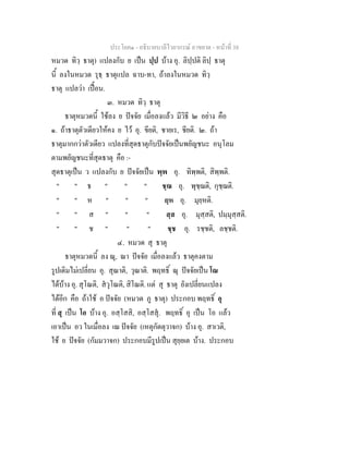 ประโยค๑ - อธิบายบาลีไวยากรณ์ อาขยาต - หน้าที่ 38 
หมวด ทิวฺ ธาตุ) แปลงกับ ย เป็น ปฺป บ้าง อุ. ลิปฺปติ ลิปฺ ธาตุ 
นี้ ลงในหมวด รุธฺ ธาตุแปล ฉาบ-ทา, ถ้าลงในหมวด ทิวฺ 
ธาตุ แปลว่า เปื้อน. 
๓. หมวด ทิวฺ ธาตุ 
ธาตุหมวดนี้ ใช้ลง ย ปัจจัย เมื่อลงแล้ว มีวิธี ๒ อย่าง คือ 
๑. ถ้าธาตุตัวเดียวให้คง ย ไว้ อุ. ขียติ, ชายเร, ชียติ. ๒. ถ้า 
ธาตุมากกว่าตัวเดียว แปลงที่สุดธาตุกับปัจจัยเป็นพยัญชนะ อนุโลม 
ตามพยัญชนะที่สุดธาตุ คือ :- 
สุดธาตุเป็น ว แปลงกับ ย ปัจจัยเป็น พฺพ อุ. ทิพฺพติ, สิพฺพติ. 
" " ธ " " " ชฺฌ อุ. พุชฺฌติ, กุชฺฌติ. 
" " ห " " " ยฺห อุ. มุยฺหติ. 
" " ส " " " สฺส อุ. มุสฺสติ, ปมฺมุสฺสติ. 
" " ช " " " ชฺช อุ. รชฺชติ, ลชฺชติ. 
๔. หมวด สุ ธาตุ 
ธาตุหมวดนี้ ลง ณุ, ณา ปัจจัย เมื่อลงแล้ว ธาตุคงตาม 
รูปเดิมไม่เปลี่ยน อุ. สุณาติ, วุณาติ. พฤทธิ์ ณุ ปัจจัยเป็น โณ 
ได้บ้าง อุ. สุโณติ, สํวุโณติ, สิโณติ. แต่ สุ ธาตุ ยังเปลี่ยนแปลง 
ได้อีก คือ ถ้าใช้ อ ปัจจัย (หมวด ภู ธาตุ) ประกอบ พฤทธิ์ อุ 
ที่ สุ เป็น โอ บ้าง อุ. อสฺโสสิ, อสฺโสสุํ. พฤทธิ์ อุ เป็น โอ แล้ว 
เอาเป็น อว ในเมื่อลง เณ ปัจจัย (เหตุกัตตุวาจก) บ้าง อุ. สาเวติ, 
ใช้ ย ปัจจัย (กัมมวาจก) ประกอบมีรูปเป็น สุยฺยเต บ้าง. ประกอบ 
 