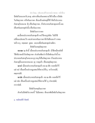 ประโยค๑ - อธิบายบาลีไวยากรณ์ อาขยาต - หน้าที่ 61 
ปัจจัยในหมวด ทิวฺ ธาตุ แต่การที่จะสังเกตทราบได้ว่าเป็น ย ปัจจัย 
ในกัตตุวาจก หรือกัมมวาจก ต้องแล้วแต่เหตุที่ใช้ คือถ้าประกอบ 
กับธาตุในหมวด ทิวฺ เป็นกัตตุวาจก, ถ้าประกอบกับธาตุนอกนี้ และ 
เป็นสกัมมธาตุเท่านั้น เป็นกัมมวาจก. 
ปัจจัยในภาววาจก 
ย เมื่อลงประกอบกับธาตุแล้ว คงไว้ตามรูปเดิม ไม่มีวิธี 
เปลี่ยนแปลงอะไร และต่างจากกัมมวาจก คือไม่ต้องลง อิ อาคม 
หน้า ย อุ. คจฺฉยเต๑ ภูยเต. และลงที่อกัมมธาตุอย่างเดียว. 
ปัจจัยในเหตุกัตตุวาจก 
เณ-ณย ๒ ตัวนี้ เมื่อลงประกอบกับธาตุแล้ว มีวิธีเหมือนดังที่ 
ได้อธิบายแล้วในกัตตุวาจก ต่างกันเพียงว่า ถ้าปัจจัย ๒ ตัวนี้ ลง 
ประกอบกับธาตุในหมวด จุรฺ ธาตุ ก็เป็นกัตตุวาจก ถ้าลงประกอบ 
กับธาตุอื่นนอกจากหมวด จุรฺ ธาตุแล้ว เป็นเหตุกัตตุวาจก. 
ณาเป เมื่อลงประกอบกับธาตุแล้ว ลบ ณ เสีย คงเหลือไว้ 
แต่-าเป เป็นเครื่องปรากฏแสดงให้ทราบได้ อุ. อาโรจาเปสิ, 
คณฺหาเปติ. 
ณาปย เมื่อลงประกอบกับธาตุแล้ว ลบ ณ เสีย คงเหลือไว้ 
แต่-าปย เป็นเครื่องปรากฏแสดงให้ทราบได้ อุ. ปาจาปยติ, 
การาปยติ. 
ปัจจัยในเหตุกัมมวาจก 
สำหรับปัจจัยในวาจกนี้ ไม่มีเฉพาะ ต้องอาศัยปัจจัยในกัตตุวาจก 
๑. คจฺฉิยเตติปิ ทิสฺสติ. 
 