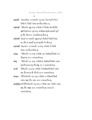 ประโยค๑ - อธิบายบาลีไวยากรณ์ อาขยาต - หน้าที่ 71 
อ 
อกฺกมติ ย่อมเหยียบ อา บทหน้า กมฺ ธาตุ ในความก้าวไป อ 
ปัจจัย ติ วิภัตติ รัสสะ อา เป็น อ ซ้อน กฺ. 
อกฺโกจฺฉิ ได้ด่าแล้ว กุสฺ ธาตุ อ ปัจจัย อี วิภัตติ แปลง อี เป็น 
จฺฉิ ด้วยอำนาจ กุสฺ ธาตุ ลบที่สุดธาตุเสีย พฤทธิ์ อุ ที่ 
กุ เป็น โอ ลง อ อาคมต้นธาตุ ซ้อน กฺ. 
อกฺโกสติ ย่อมด่า อา บทหน้า กุสฺ ธาตุ อ ปัจจัย ติ วิภัตติ รัสสะ 
อา เป็น อ พฤทธิ์ อุ แห่ง กุ เป็น โอ ซ้อน กฺ. 
อกฺขายติ ย่อมกล่าว อา บทหน้า ขา ธาตุ ย ปัจจัย ติ วิภัตติ 
รัสสะ อา เป็น อ ซ้อน กฺ. 
อกตฺถ ได้ทำแล้ว กรฺ ธาตุ อ ปัจจัย ตฺถ อัชชัตตนีวิภัตติ ลบ 
ที่สุดธาตุ ลง อ อาคมหน้าธาตุ. 
อกํสุ ได้ทำแล้ว กรฺ ธาตุ อ ปัจจัย อุํ อัชชัตตนีวิภัตติ แปลง 
กรฺ เป็น กา เอา อุํ เป็น อํสุ ลง อ อาคมหน้าธาตุ. 
อกาสิ ได้ทำแล้ว กรฺ ธาตุ อ ปัจจัย อี อัชชัตตนีวิภัตติ แปลง 
กรฺ เป็น กา เอา อี เป็น อิ ลง ส อาคมหลังธาตุ. 
อคจฺฉา ได้ไป-ถึงแล้ว คมฺ ธาตุ อ ปัจจัย อา หิยัตตนีวิภัตติ 
แปลง คมฺ เป็น คจฺฉ ลง อ อาคมหน้าธาตุ. 
อคจฺฉิสฺสา จักได้ไป-ถึงแล้ว คมฺ ธาตุ อ ปัจจัย สฺสา วิภัตติ แปลง 
คมฺ เป็น คจฺฉ ลง อ อาคมหน้าธาตุ และลง อิ 
อาคมหลังธาตุ. 
 